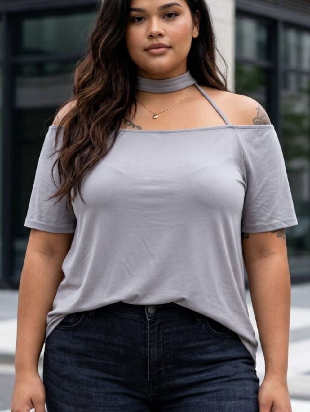 Festival Plus Size Boohoo Silver Gray Off-Shoulder Attached Choker Top Size 20